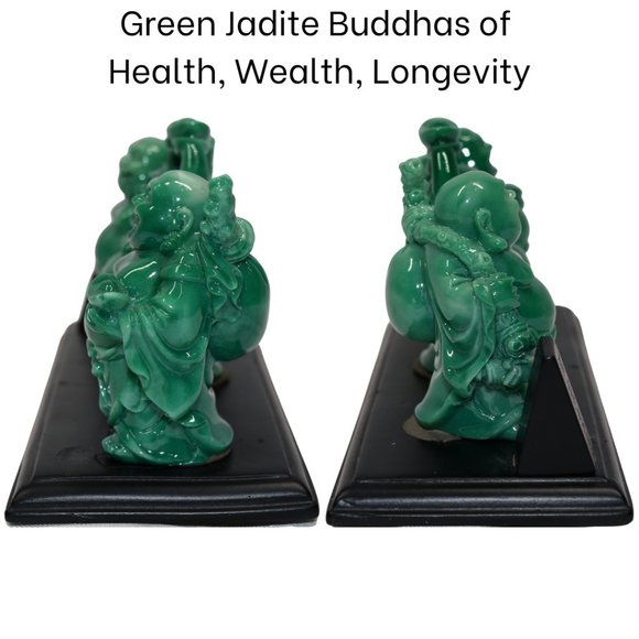 2.5"- 3" H Green Jadite Buddhas of Health, Wealth, Longevity Base 6.5" x 2.5" - Picture 5 of 6